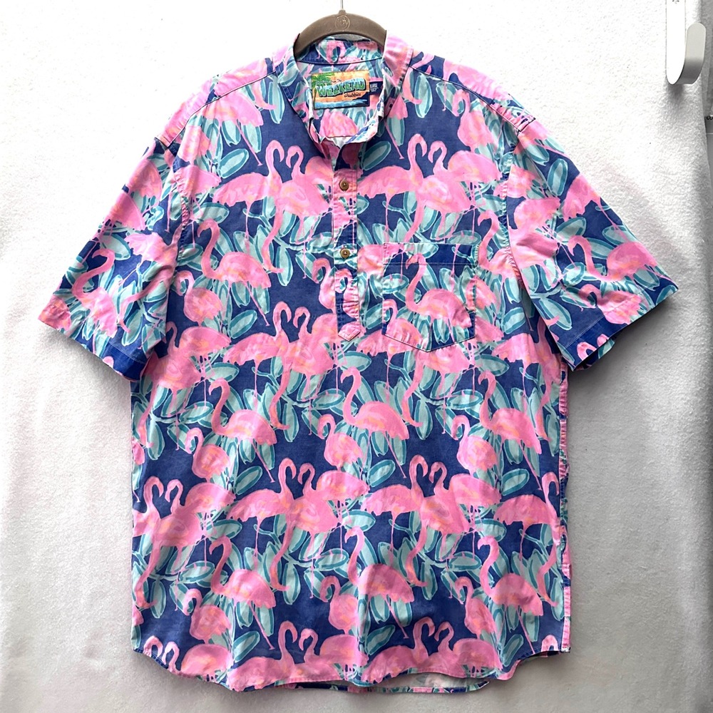 Chubbies XL The Weekend Flamingo Popover Short Sleeve Shirt Tropical Pink Blue